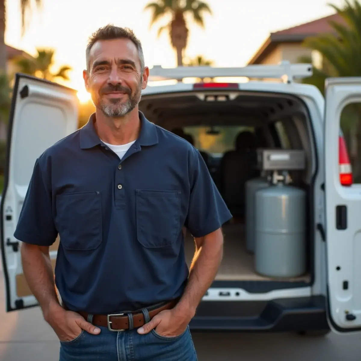 Goran, owner of Brothers Services Cooling & Heating, beside his service van in Venice, FL