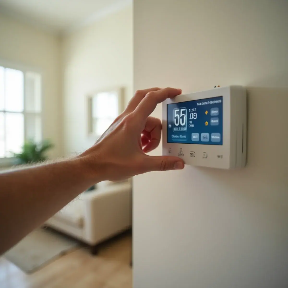 Homeowner checking a thermostat set to cool during an AC breakdown in Venice, FL